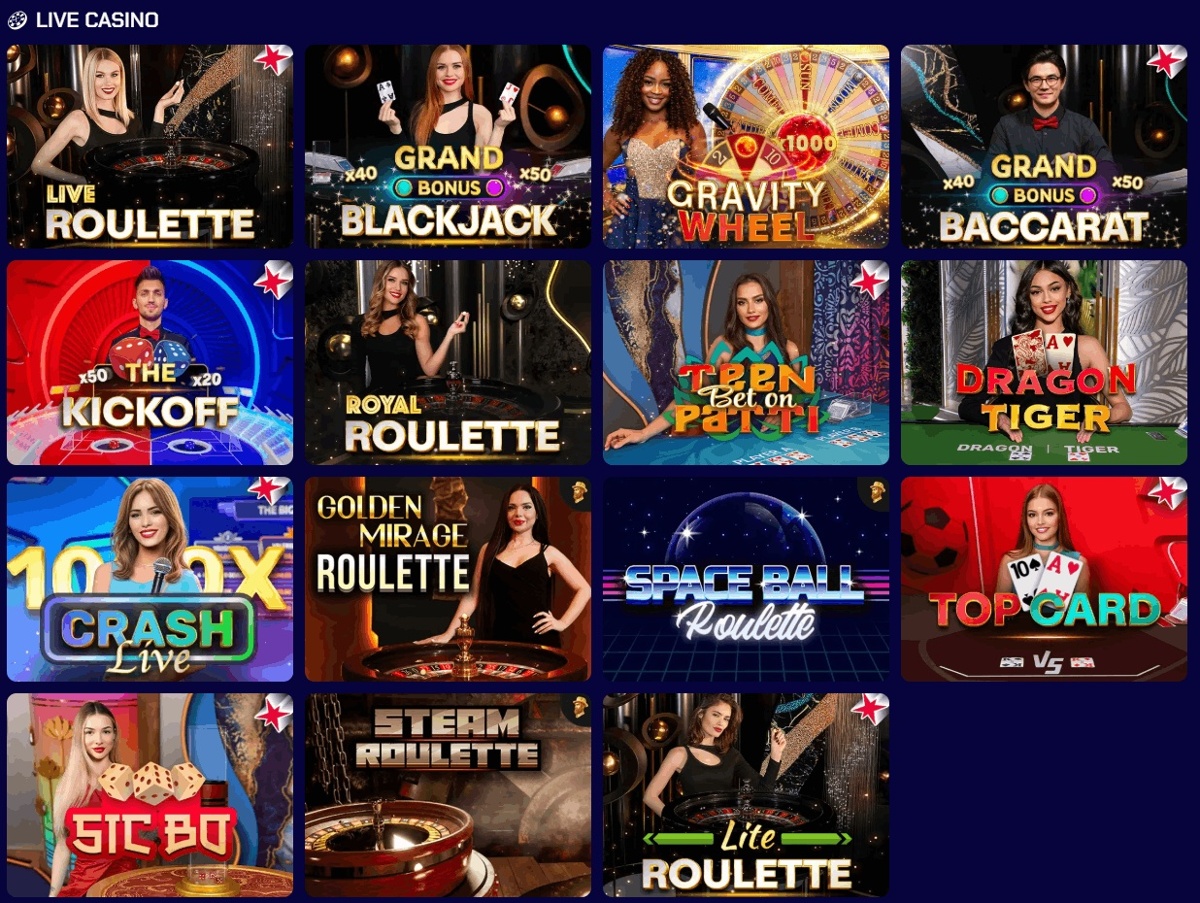 Live casino games including roulette, blackjack, roulette, baccarat